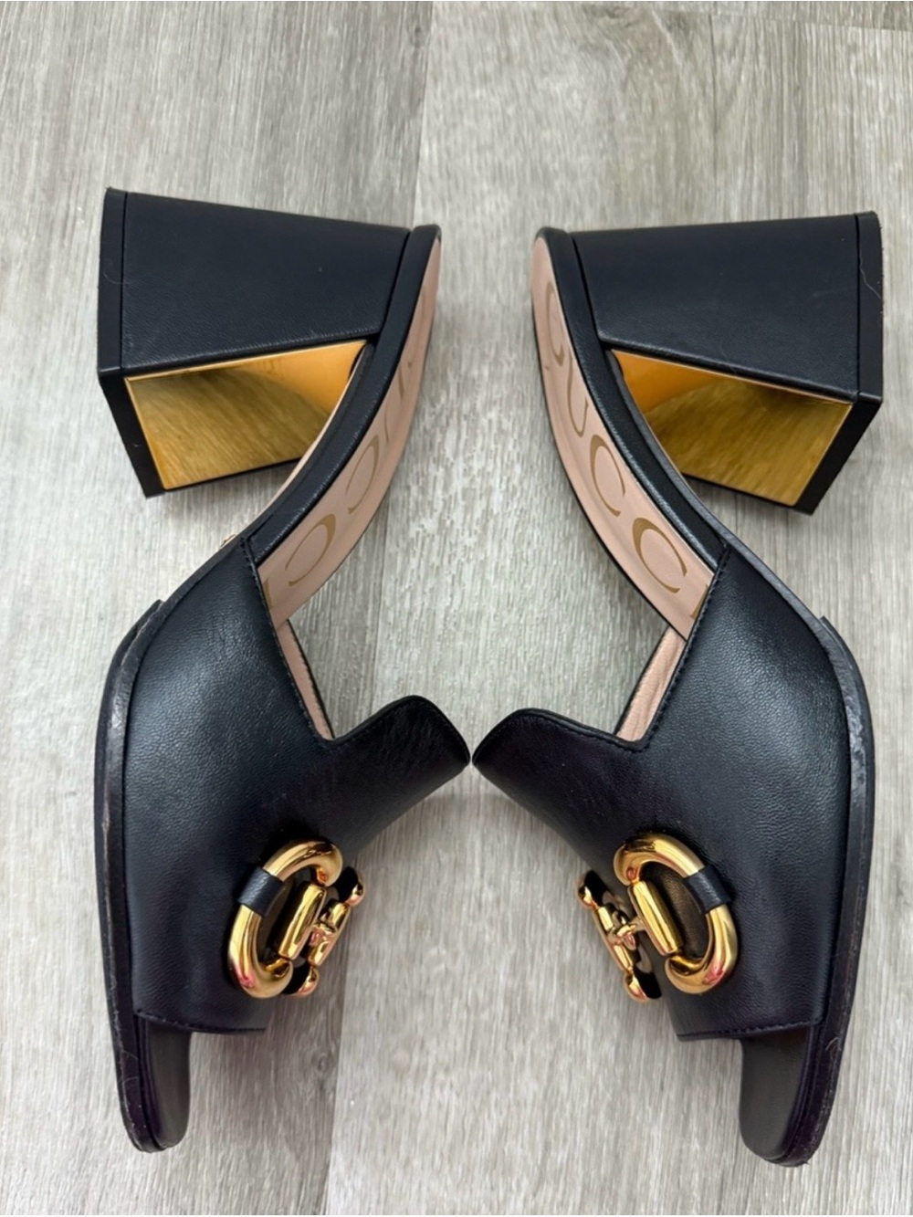 Gucci Black Leather Heel Sandal with Gold Horsebit - Picture 5 of 9